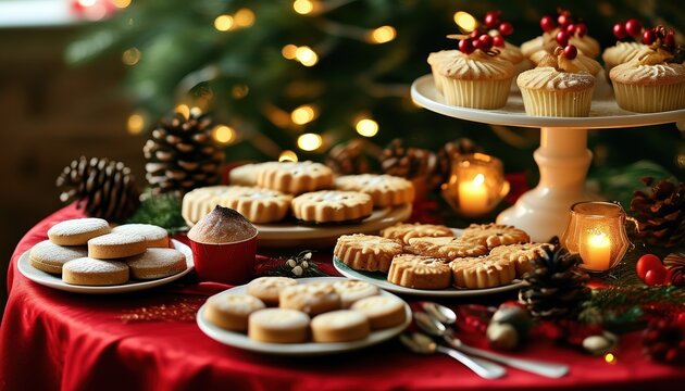 Festive holiday dessert table with cupcakes and christmas pastries for celebration and dining delight