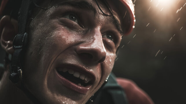 Close up of emotional athlete gorge walking in urban setting at sunset