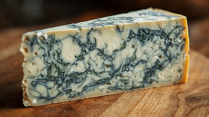 Close-up of a wedge of blue cheese showing detailed marbling of blue veins and creamy white texture on a wooden board.
