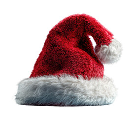 Red Santa hat, angled view,  fluffy trim