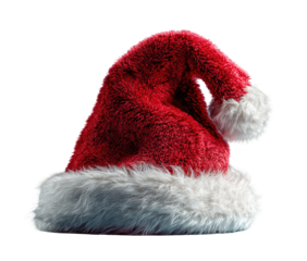 Red Santa hat, angled view,  fluffy trim