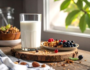 Glass of white drink, granola, berries, and a wood slice setting
