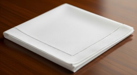 Fototapeta premium Stack of White Napkins on Wooden Surface - A neat stack of white square napkins with subtle stitching detail sits on a dark brown wooden table surface