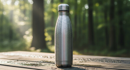 Stainless Steel Water Bottle on Picnic Table - A sleek stainless steel water bottle sits on a wooden picnic table, perfect for staying hydrated in nature