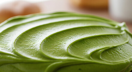 Rich green matcha frosting with creamy peaks and natural texture detail, realistic 3D lighting.

