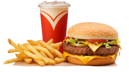 A burger with cheese and vegetables next to fries and a red and white drink on a black background