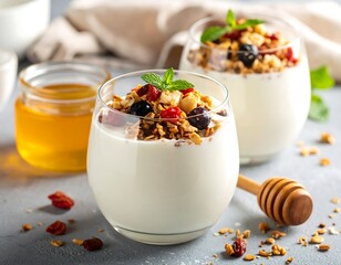 Glass of yogurt with granola, berries, nuts, and honey