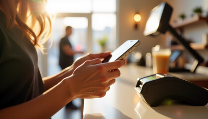 Mobile payment technology in modern café setting amid sunlit environment for contactless transactions