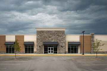 Empty retail building facade stands beneath a dramatically overcast sky