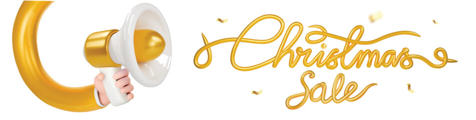 Obraz premium Christmas sale text effect. White Gold loudspeaker and golden lettering calligraphy Christmas sale. Xmas promotion graphic 3d style hand hold megaphone horizontal banner