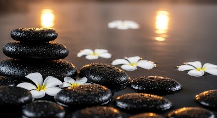 Tranquil Spa Stones with Flowers - Black spa stones with water droplets and white flowers symbolize balance, purity, relaxation, health, and serenity in a calming spa setting