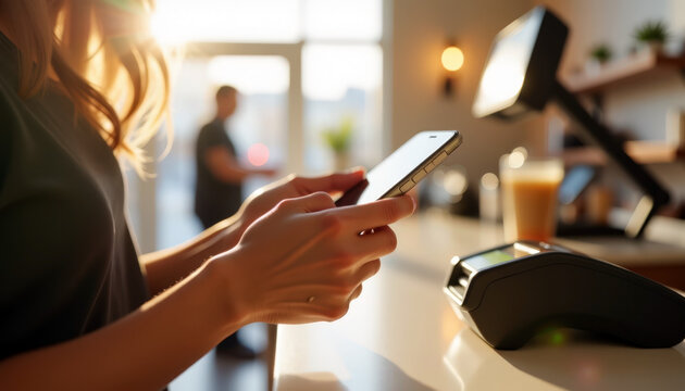 Mobile payment technology in modern café setting amid sunlit environment for contactless transactions