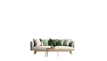 Minimalist sofa with green pillows and side table