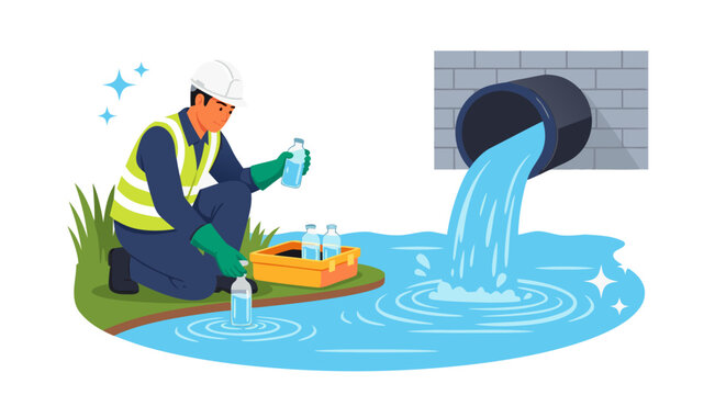 Water Quality Testing A Technician Samples Water from a River near a Discharge Pipe