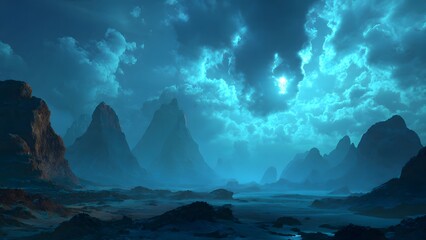Mystical Mountainscape: An ethereal, atmospheric landscape of imposing mountains shrouded in mist under a dramatic, cloud-filled sky, conveying a sense of awe and the grandeur of nature. 