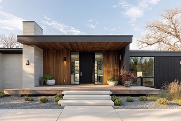 Contemporary residence features a striking entry porch with natural wood and stone elements under a bright sky