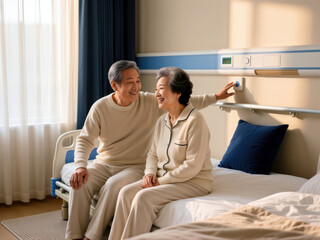Obraz premium Senior couple smiling on a hospital bed as man presses a nurse call button.