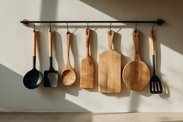 Assortment of wooden and dark utensils hangs neatly from a metal rod in bright sunlight