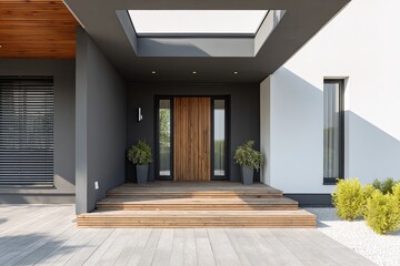 Modern residential entrance features natural wood steps and contemporary dark gray and white facade