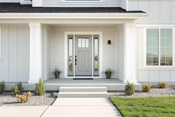 Contemporary residential entryway features light siding, white trim, and a modern gray door.