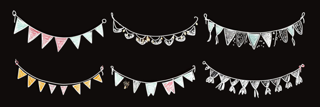 Hand drawn colorful party garlands with flag bunting tassels decorative festive design on black chalkboard background for celebrations and events vector illustration