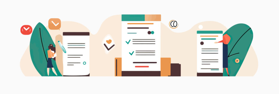 People completing digital forms on large mobile devices with checklist marks and abstract leaves in flat minimalist style vector illustration for online survey feedback and data collection concept