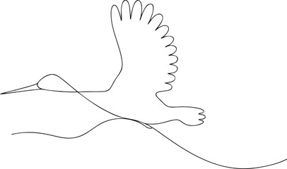 Fototapeta premium Single line drawing of a stork in flight over water
