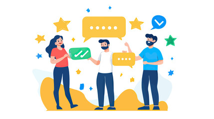 Business people giving positive feedback with speech bubbles and check marks surrounded by stars in flat minimalist vector style