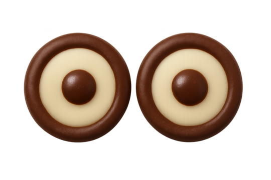 Two round chocolate cookies with white center ring and dark brown dot, resembling eyes