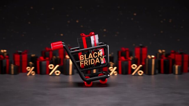 Black Friday looping video with a moving shopping cart full of black and red gifts, surrounded by presents and percentage symbols on a dark background in 3D animation