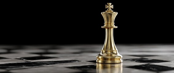 Close-up of a shining golden chess king on a black and white board