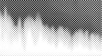 Monochrome halftone pattern showcasing a gradient transition from dense black circles to sparse dots fading into a clean white background, creating a modern, abstract design