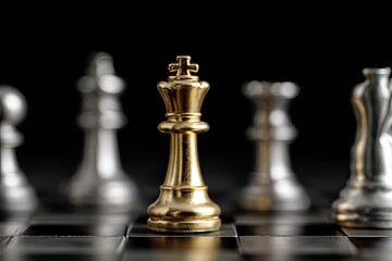 A golden chess king piece stands prominently on a board with blurry silver pieces