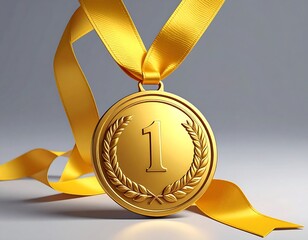 Gleaming gold medallion with the number 1, hanging on a bright yellow ribbon