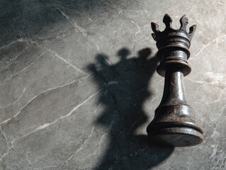 Dark chess queen piece casting a long shadow on a textured gray marble surface