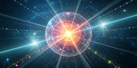 Obraz premium Abstract glowing orb with radiating light beams and cosmic background.