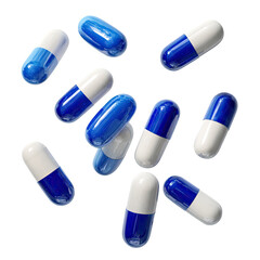 Close-up shot of scattered, blue and white colored oblong capsule pills on black background