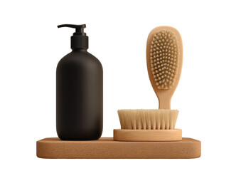 Matte black pump bottle, brush, and round brush on a wooden platform against a black background