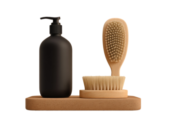 Matte black pump bottle, brush, and round brush on a wooden platform against a black background