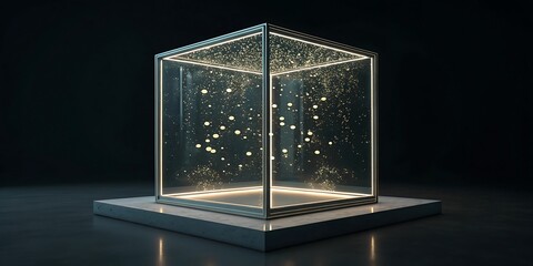 Abstract glowing geometric structure with sparkling particles against a dark background.