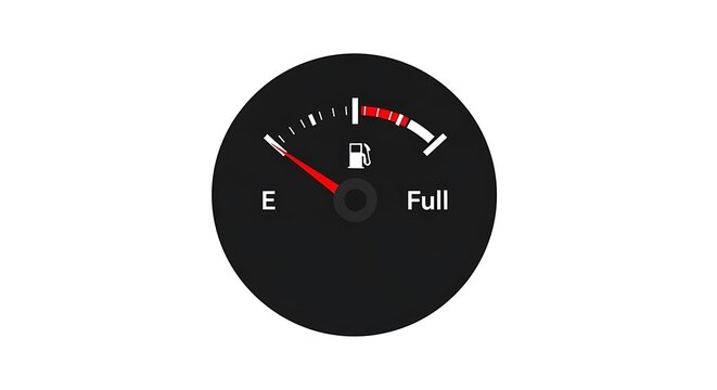 Car fuel gauge with red needle pointing to empty.