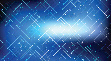 A dynamic blue gradient background features interconnected white lines and nodes, suggesting a network, technology, or futuristic concept with a subtle light burst at the center