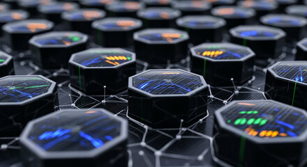 Futuristic Hexagonal Modules Grid with Glowing Digital Data Displays and Interconnected Network - Abstract High-Tech Computing Concept