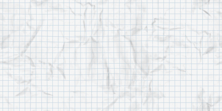 Crumpled white paper sheet with halftone dotted seamless texture and editable blue grid checkered lines overlay. Modern retro abstract background vector illustration for grunge mixed media design
