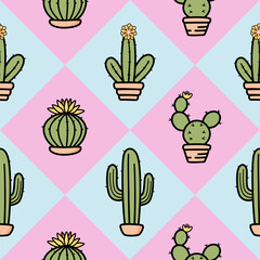 A seamless pattern featuring different styles of cartoon cacti and succulents in terracotta pots, including a prickly pear. This minimalist design is for a background, digital paper or textile print.
