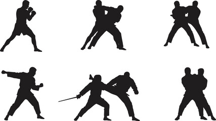 Martial arts silhouettes, combat training poses, self-defense moves, boxing, judo, karate, fighting techniques, mixed martial arts vector illustration
