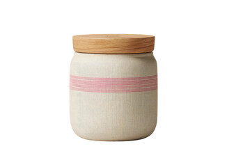 A ceramic jar with a wooden lid, sporting a pink band. Minimalist design
