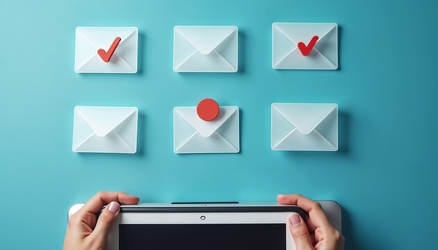 Hands holding a tablet with six envelopes on a blue background. Three envelopes have red check marks and one has a red dot. Concept of communication and organization. - Powered by Adobe