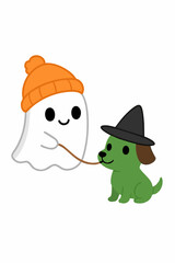 Ghost Walking Green Dog on Halloween Night