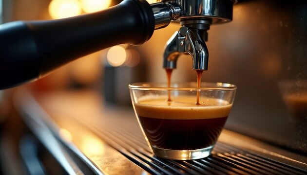 Espresso coffee pouring from a machine into a clear glass cup on a wooden surface, close-up of coffee extraction process. - Powered by Adobe